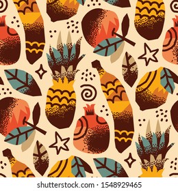 Seamless pattern of hand drawn colorful tropical fruit mix