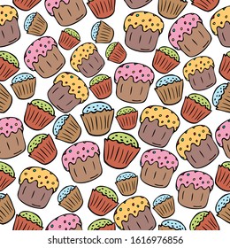 Seamless pattern with hand drawn colorful Easter cakes on a white background. It can be used for decoration of textile, paper and other surfaces.