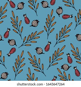 Patrón inoxidable con elementos de hierbas coloreadas a mano y bayas sobre un fondo azul. Se puede utilizar para la decoración de textiles, papel y otras superficies.