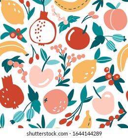 Seamless pattern with hand drawn colorful doodle fruits and berries. Vector texture for textile, fabric, paper. Flat  apple, orange, lemon, banana, pomegranate. Vegan, farm, natural food. Summer mood