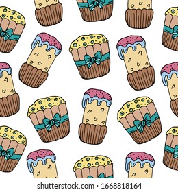 Seamless pattern with hand drawn colorful easter cakes on a white background. Doodle, simple outline illustration. It can be used for decoration of textile, paper and other surfaces.
