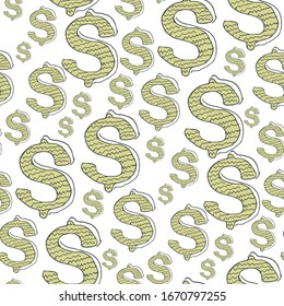 Patrón transparente de coloridos símbolos del dólar dibujados a mano aislados en fondo blanco. La plantilla se puede utilizar para su anuncio, afiche, banner, portada, textil, tela, papel pintado, envoltura de dinero USD.Vector