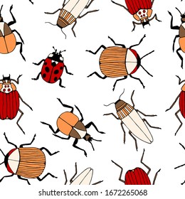 Seamless pattern with hand drawn colorful beetles on doodle style. Insects sketch vector illustration.