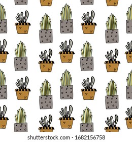 Seamless pattern with hand drawn colorful floral elements, flowers in pots on a white background. It can be used for decoration of textile, paper and other surfaces.