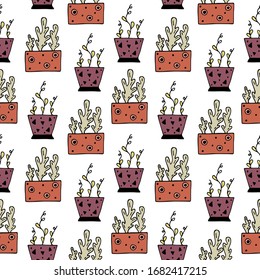 Seamless pattern with hand drawn colorful floral elements, flowers in pots on a white background. It can be used for decoration of textile, paper and other surfaces.