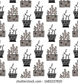 Seamless pattern with hand drawn colorful floral elements, flowers in pots on a white background. It can be used for decoration of textile, paper and other surfaces.
