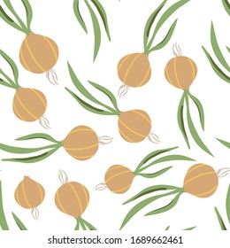 Seamless pattern with hand drawn colorful doodle vegetables. Vector texture. Onion background. Vegetarian healthy food. Vegan, farm, organic, natural background