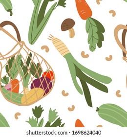 Seamless pattern with hand drawn colorful doodle vegetables. Vector texture. Eco bag with vegetables: celery, onions, carrots, beans background. Vegetarian healthy food.
