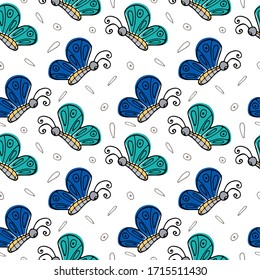 Seamless pattern with hand drawn colorful butterfly on a white background. Doodle, simple outline illustration. It can be used for decoration of textile, paper and other surfaces.
