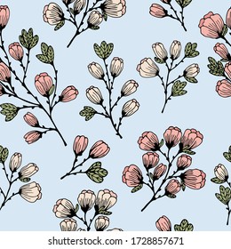 Seamless pattern with hand drawn colorful blooming tree branches on a blue background. Doodle, simple outline illustration. It can be used for decoration of textile, paper and other surfaces.