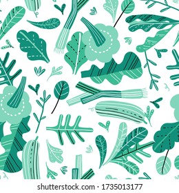 Patrón sin foco con verduras y hierbas coloreadas a mano. Ilustración vectorial. Vegan, granja, ensalada. Comida vegetariana saludable. 