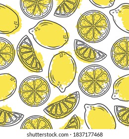 Seamless pattern with hand drawn colorful lemons on a white background, grunge style. Doodle, simple outline illustration. It can be used for decoration of textile, paper and other surfaces.