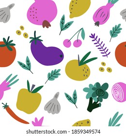 Seamless pattern with hand drawn colorful doodle vegetables. Sketch style vector set. Vegetables flat icons set: zucchini, pomegranate, broccoli, berries, onion, cherry, tangerine, lemon, garlic.