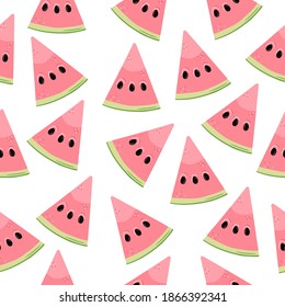 Seamless pattern with hand drawn colorful watermelons on a white background. Doodle, simple illustration. It can be used for decoration of textile, paper and other surfaces.