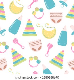 Seamless pattern with hand drawn colorful children's toys and accessories for babies on a white background. Doodle, simple illustration. It can be used for decoration of textile, paper.