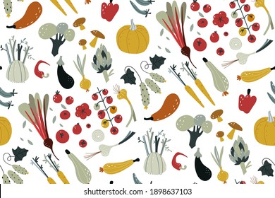 Seamless pattern with hand drawn colorful doodle vegetables. Vegetables flat icons set cucumber, carrot, onion, tomato. Hand draw texture. Vegetarian healthy food vector texture. Vegan, farm, organic