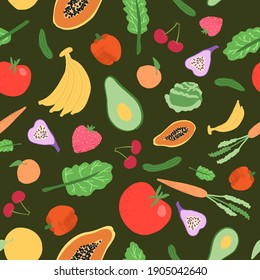 Seamless pattern with hand drawn colorful doodle vegetables and fruits. Vector texture. Flat icons: pepper, avocado, banana, tomato. Vegetarian healthy food. Vegan, farm, organic, natural background