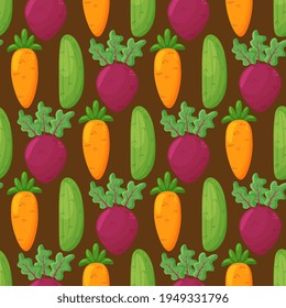 Seamless pattern with hand drawn colorful vegetables. Sketch style vector set. Vegetables flat icons set: cucumber, carrot, beet.