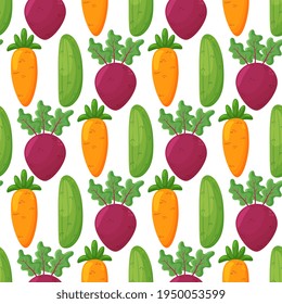 Seamless pattern with hand drawn colorful vegetables. Vegetables flat icons set: cucumber, carrot, beet.
