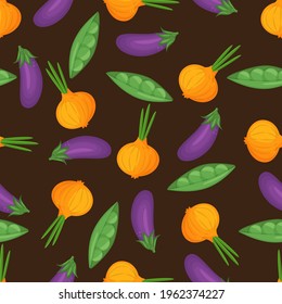 Seamless pattern with hand drawn colorful vegetables. Sketch style vector set. Vegetables flat icons set egglant, onion, peas.