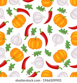 Seamless pattern with hand drawn colorful vegetables. Sketch style vector set. Vegetables flat icons set pepper, garlic, peas, pumpkin. 