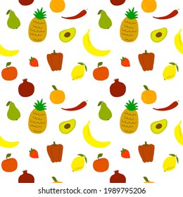 Patrón inmaculado con frutas y verduras primitivas coloreadas a mano. Estilo de esbozo simple colección vectorial de objetos aislados. Conjunto vegetariano, manzana, pera, granada, naranja,
 piña, aguacate