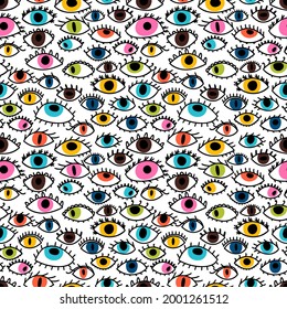 Nahtloses Muster mit handgezeichneten bunten Augen. Mode. Stilvoller Hintergrund. Böses Auge, Magie, Hexerei. Vektorgrafik
