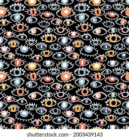 Patrón sin brillo con ojos coloridos dibujados a mano. Fondo elegante. Mal ojo, brujería, magia. Estilo de moda. Ilustración del vector