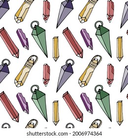 Seamless pattern with hand drawn colorful crystals and pendants on white background. Gemstone repeat texture.