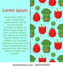 Seamless pattern with hand drawn colorful vegetables. Sketch style vector set. Vegetables flat icons set paprika, broccoli, tomato. Vector illustration