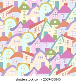 Seamless pattern of hand drawn colorful Houses. Houses in doodle style. Vector illustration.