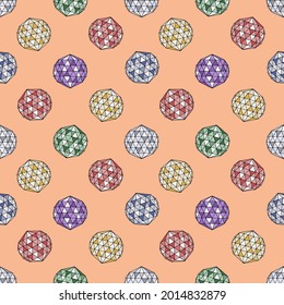 Seamless pattern with hand drawn colorful crystals on pink background. Gemstone repeat texture.