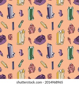 Seamless pattern with hand drawn colorful crystals and pendants on pink background. Gemstone repeat texture.