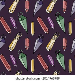 Seamless pattern with hand drawn colorful crystals and pendants on purple background. Gemstone repeat texture.