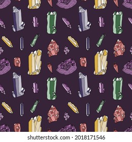 Seamless pattern with hand drawn colorful crystals and pendants on purple background. Gemstone repeat texture.