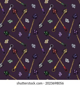 Nahtloses Muster mit handgezeichneten, farbigen Kristallen und magischen Ganteln auf violettem Hintergrund. Gemstone-Wiederholung der Textur.