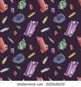 Seamless pattern with hand drawn colorful crystals and pendants on purple background. Gemstone repeat texture.