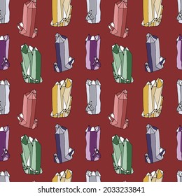 Seamless pattern with hand drawn colorful crystals on red background. Gemstone repeat texture.
