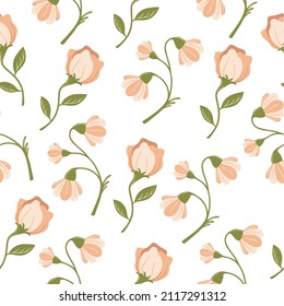 Seamless pattern with hand drawn colorful flowers, floral, natural objects in white background. Doodle, simple flat illustration. It can be used for decoration of textile, paper and other surfaces.