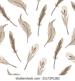 Seamless pattern with hand drawn colorful bird feathers in a white background. Doodle, simple flat illustration. It can be used for decoration of textile, paper and other surfaces.