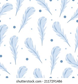 Seamless pattern with hand drawn colorful bird feathers in a white background. Doodle, simple flat illustration. It can be used for decoration of textile, paper and other surfaces.