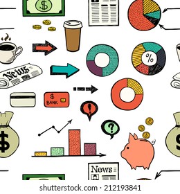 Seamless pattern with hand drawn colorful business symbols.