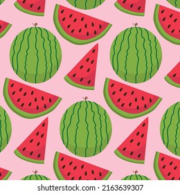 Seamless pattern with hand drawn colorful watermelons on a pink background. Doodle, simple illustration. It can be used for decoration of textile, paper and other surfaces.