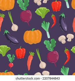 Seamless pattern with hand drawn colorful doodle vegetables. Sketch style vector set. Vegetables flat icons set pumpkin, beetroot, leek, champignon mushrooms, radish, carrot, pepper, lettuce