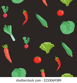 Motif harmonieux de légumes aux gribouillis colorés dessinés à la main. ensemble d'images vectorielles de style de dessin à la main. Ensemble d'icônes à plat de légumes: concombre, carotte, oignon, tomate.