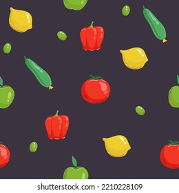 Seamless pattern with hand drawn colorful doodle vegetables. Sketch style vector set. Vegetables flat icons set: cucumber, carrot, onion, Lemon tomato.