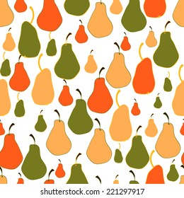 Seamless pattern with hand drawn colorful pears on white background. Clipping mask is used, vector illustration.