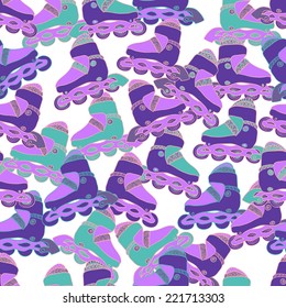 Seamless pattern with hand drawn colorful roller skates on white background. Clipping mask is used, vector illustration.