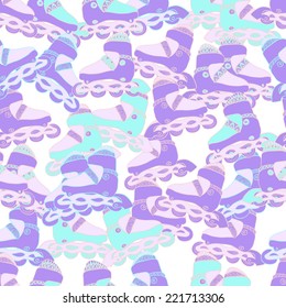 Seamless pattern with hand drawn colorful roller skates on white background. Clipping mask is used, vector illustration.