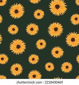 Patrón sin foco con estilo de doodle de girasol de color dibujado a mano, ilustración vectorial sobre fondo verde. Pétalos de tonos amarillos claros, diseño decorativo para embalajes o embalajes